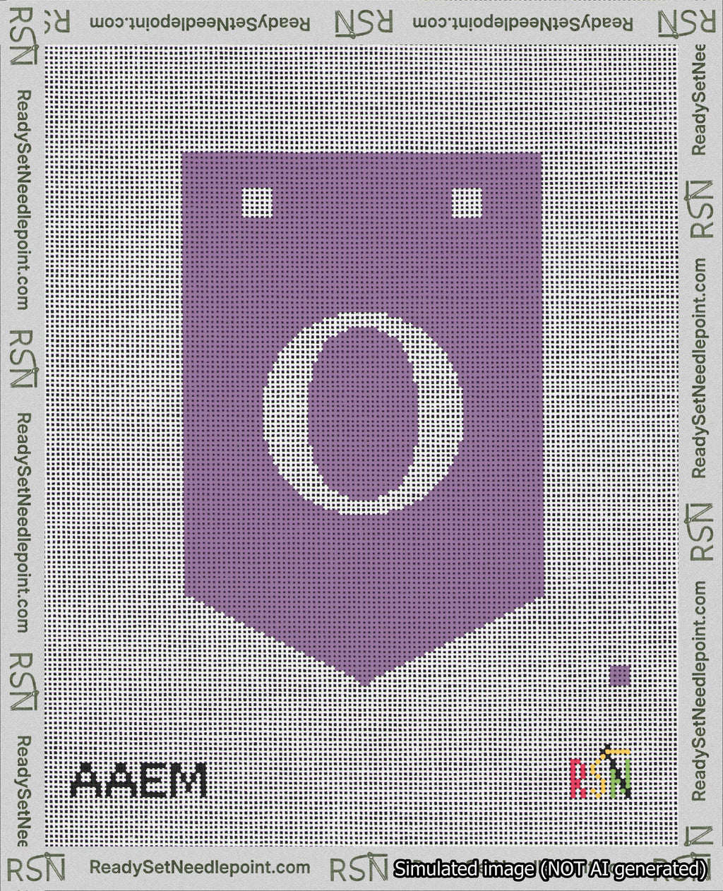 A taped needlepoint canvas with the design: Banner 18 mesh count Pointed O White on Purple.