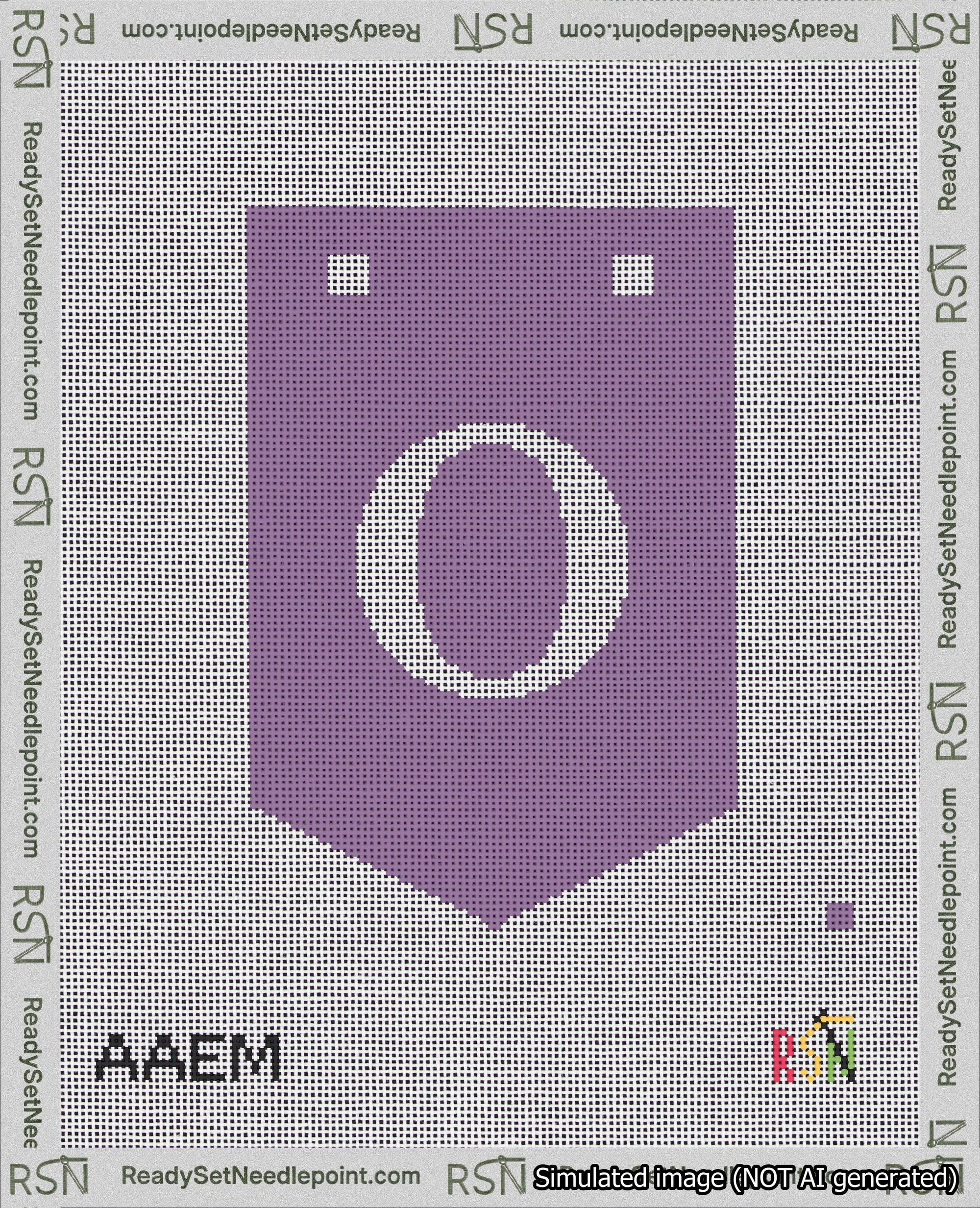 A taped needlepoint canvas with the design: Banner 18 mesh count Pointed O White on Purple.