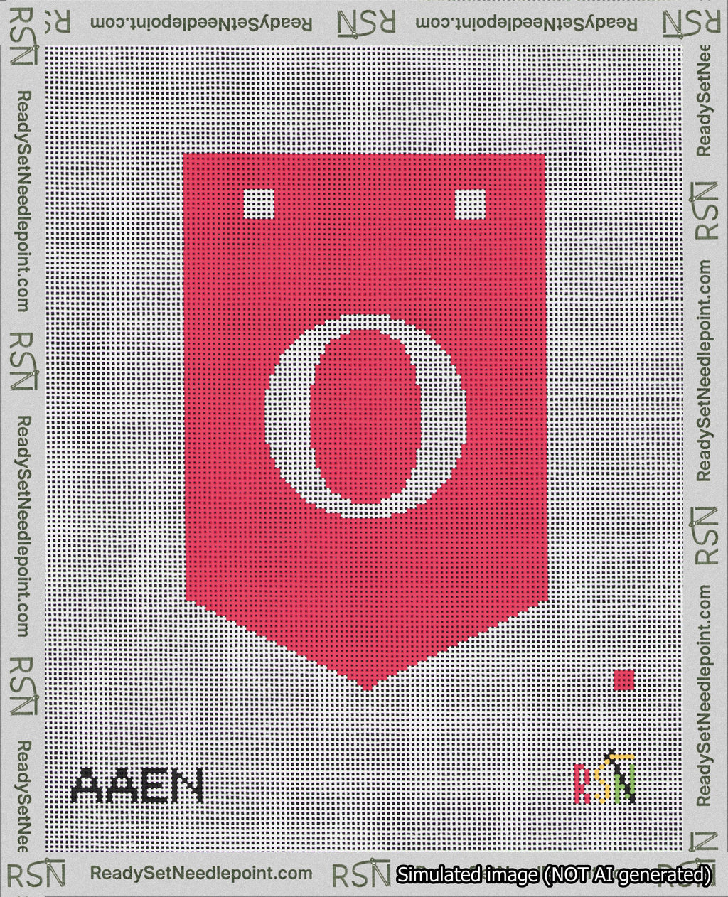A taped needlepoint canvas with the design: Banner 18 mesh count Pointed O White on Red.