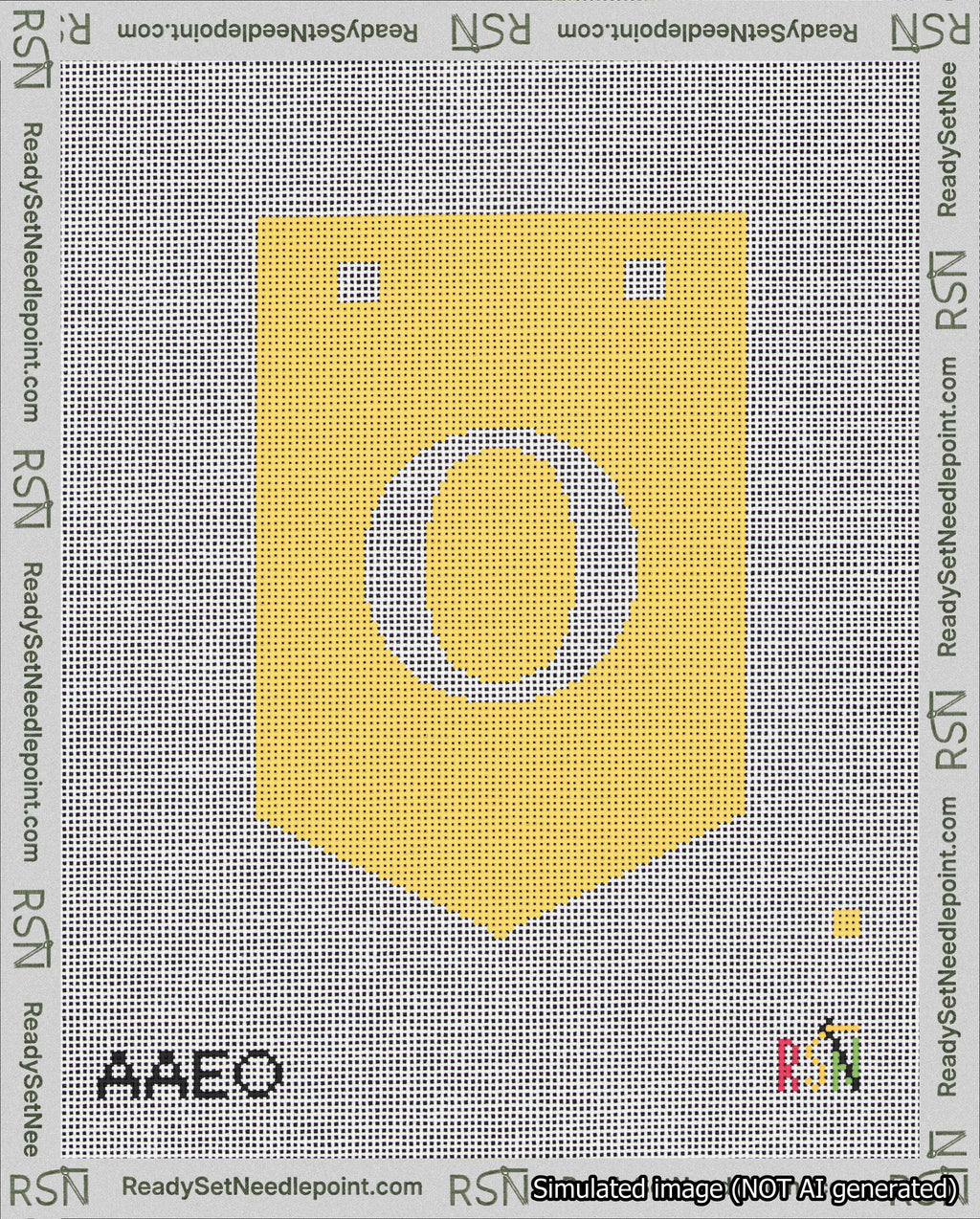 A taped needlepoint canvas with the design: Banner 18 mesh count Pointed O White on Yellow.
