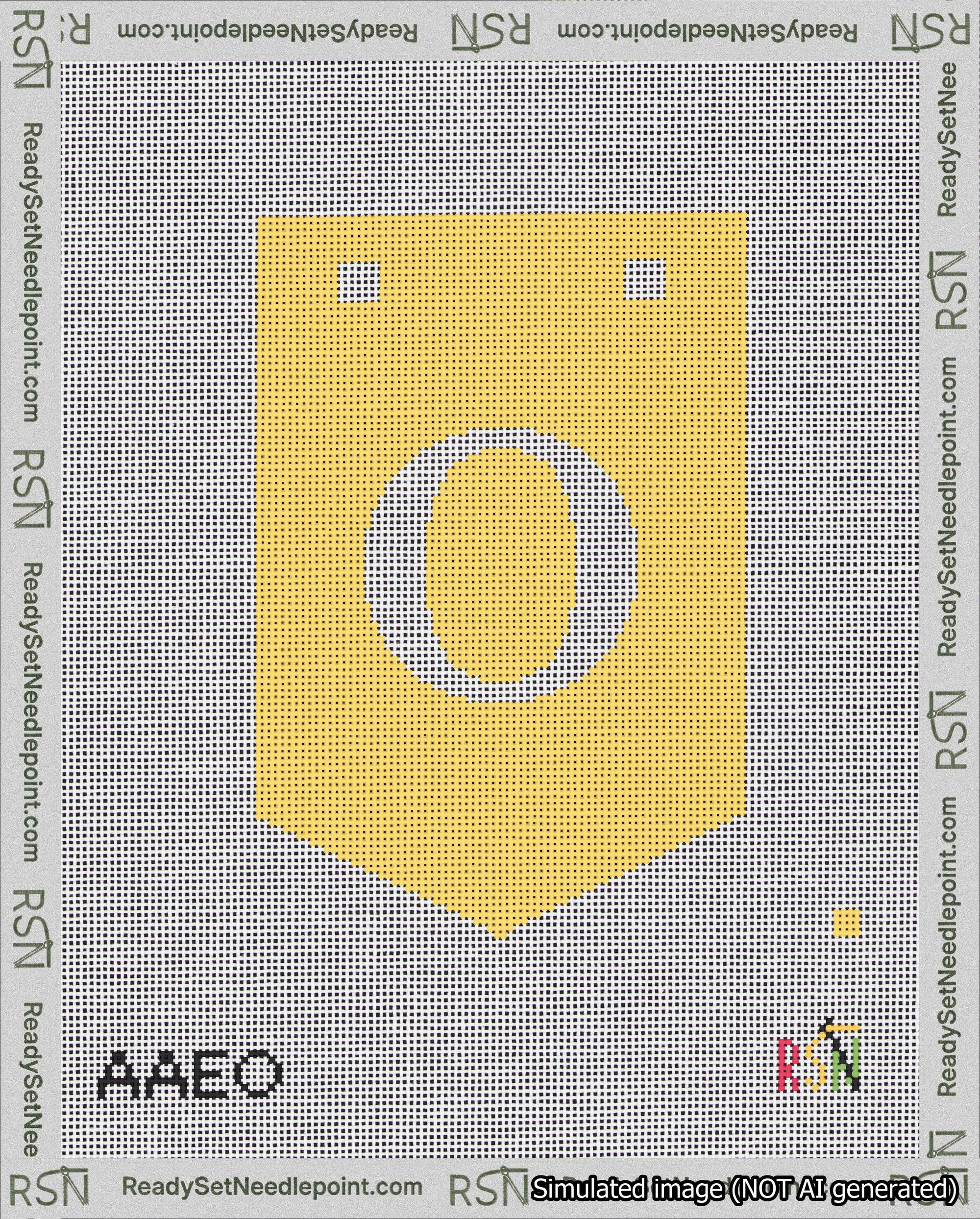 A taped needlepoint canvas with the design: Banner 18 mesh count Pointed O White on Yellow.