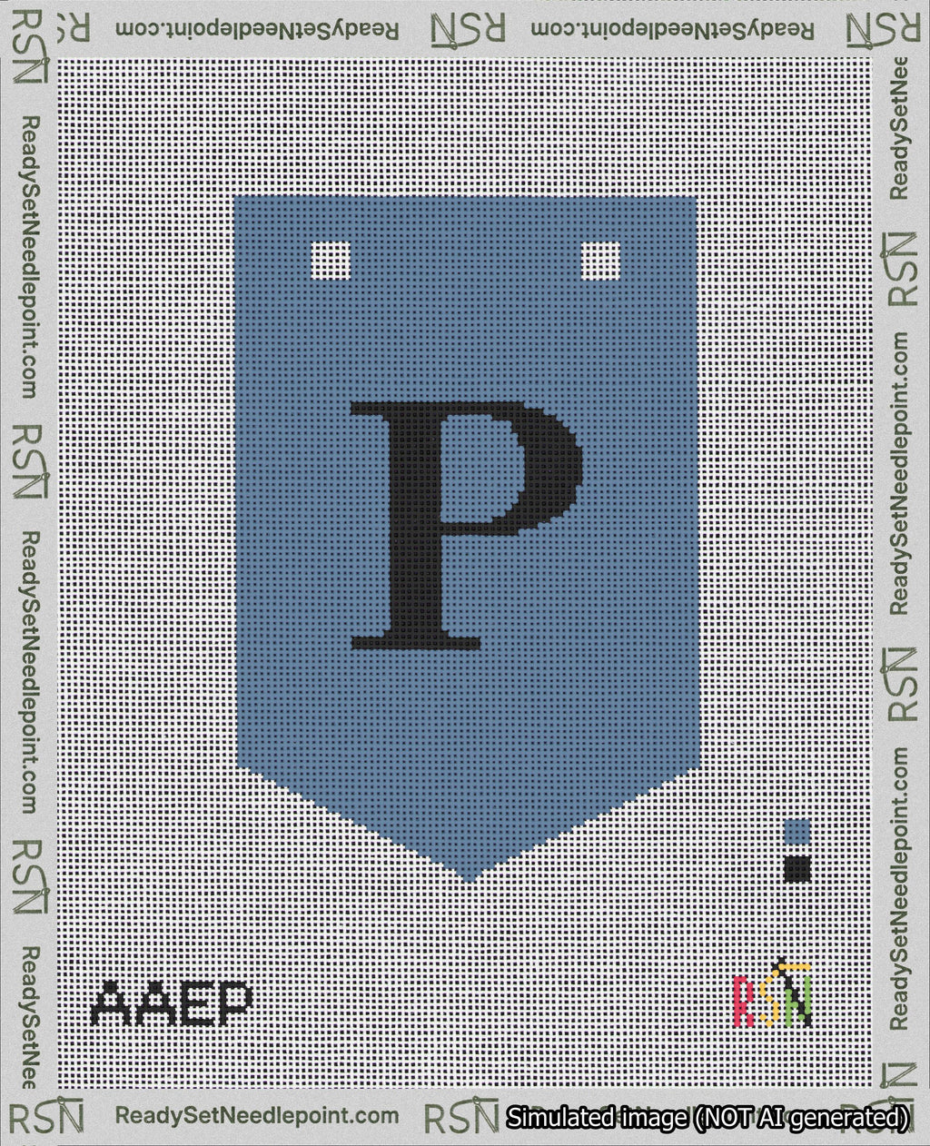 A taped needlepoint canvas with the design: Banner 18 mesh count Pointed P Black on Blue.