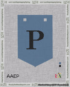 A taped needlepoint canvas with the design: Banner 18 mesh count Pointed P Black on Blue.