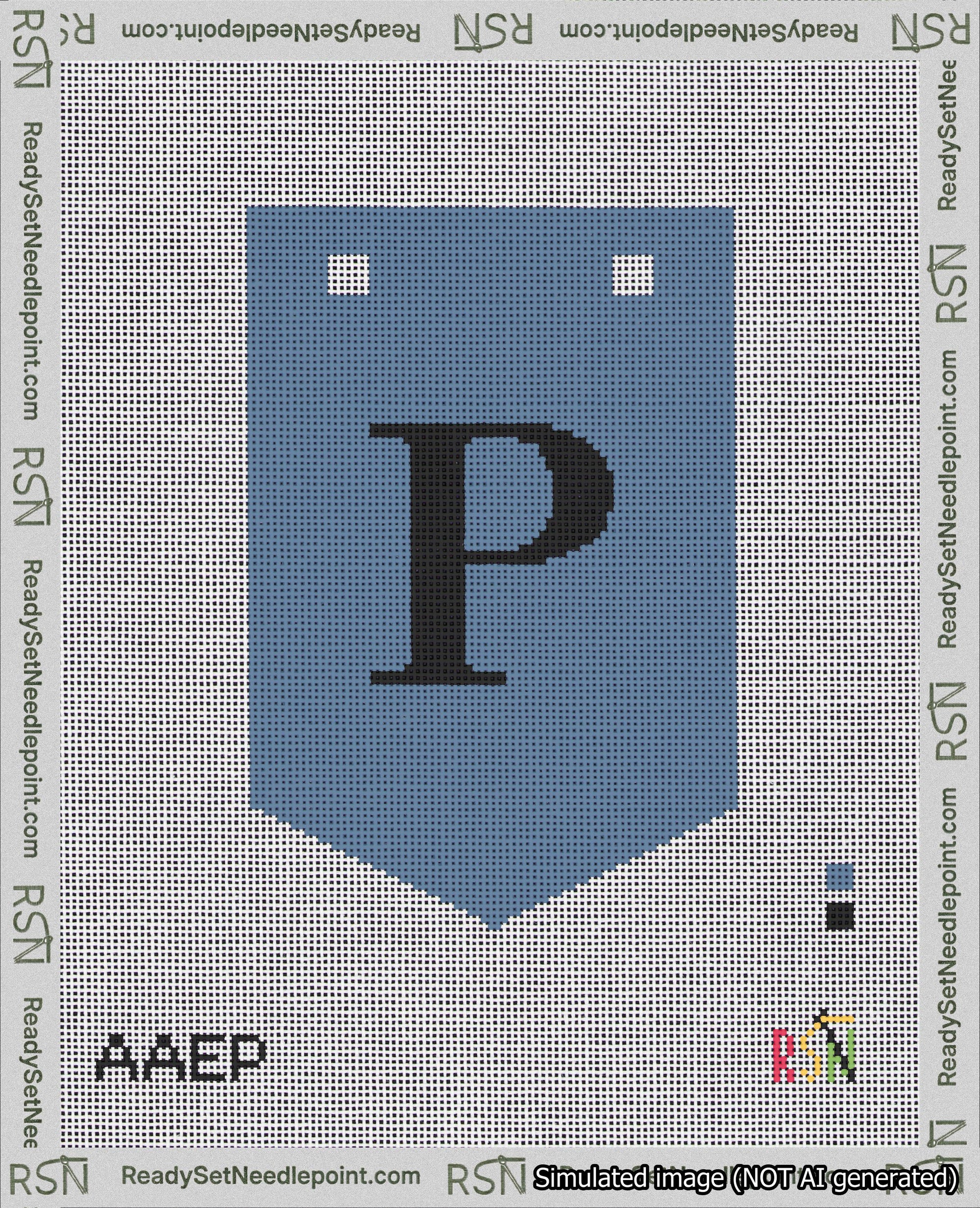 A taped needlepoint canvas with the design: Banner 18 mesh count Pointed P Black on Blue.