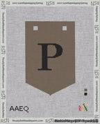 A taped needlepoint canvas with the design: Banner 18 mesh count Pointed P Black on Brown.