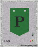 A taped needlepoint canvas with the design: Banner 18 mesh count Pointed P Black on Green.