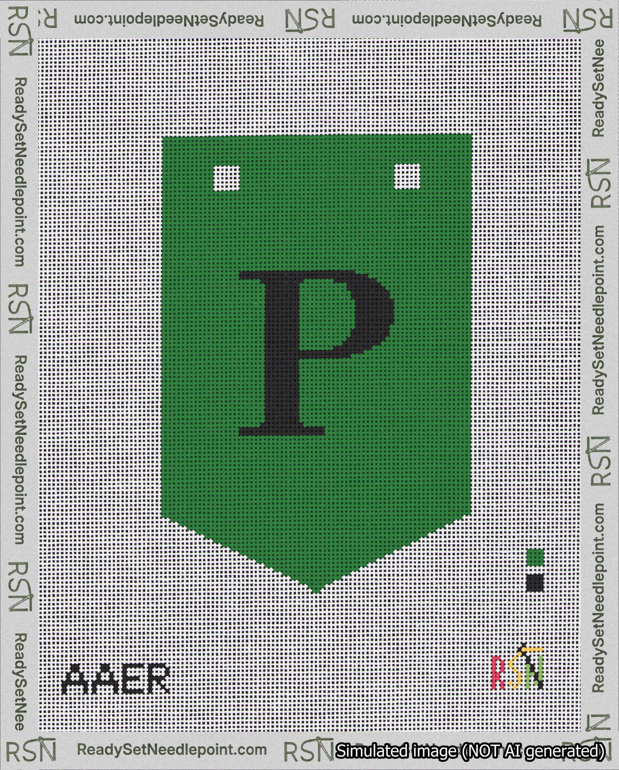 A taped needlepoint canvas with the design: Banner 18 mesh count Pointed P Black on Green.