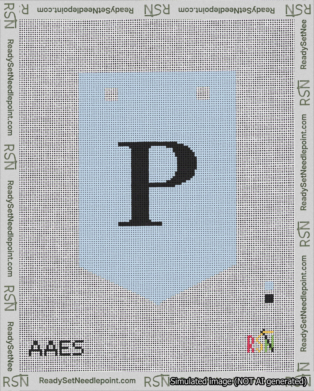 A taped needlepoint canvas with the design: Banner 18 mesh count Pointed P Black on Light Blue.
