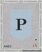 A taped needlepoint canvas with the design: Banner 18 mesh count Pointed P Black on Light Blue.