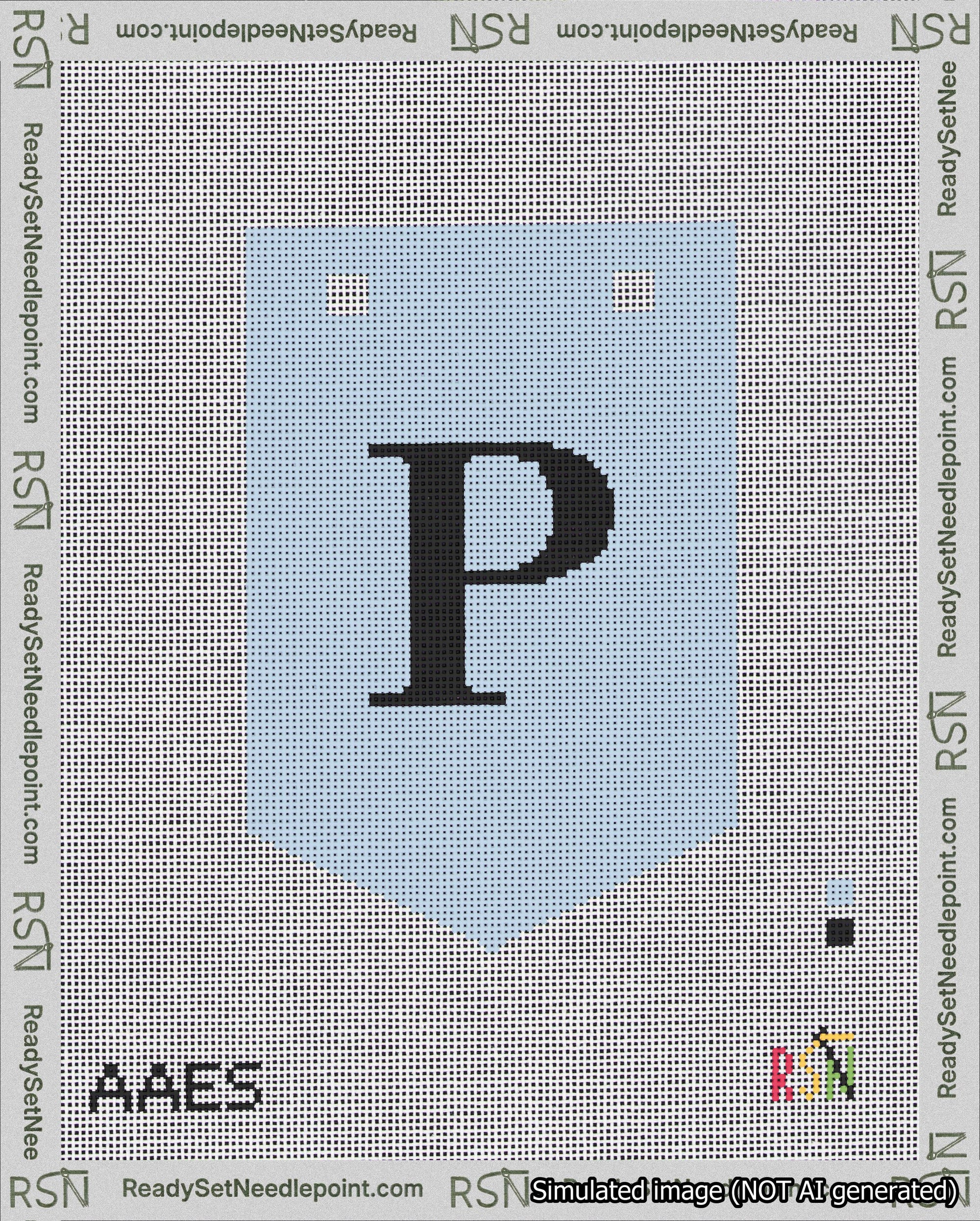 A taped needlepoint canvas with the design: Banner 18 mesh count Pointed P Black on Light Blue.
