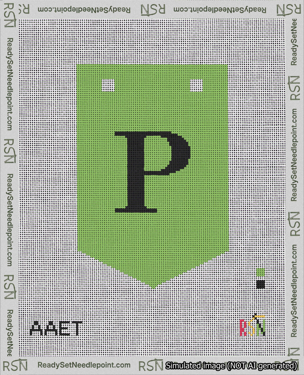 A taped needlepoint canvas with the design: Banner 18 mesh count Pointed P Black on Light Green.