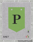 A taped needlepoint canvas with the design: Banner 18 mesh count Pointed P Black on Light Green.