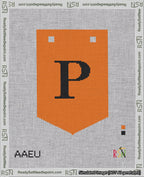 A taped needlepoint canvas with the design: Banner 18 mesh count Pointed P Black on Orange.