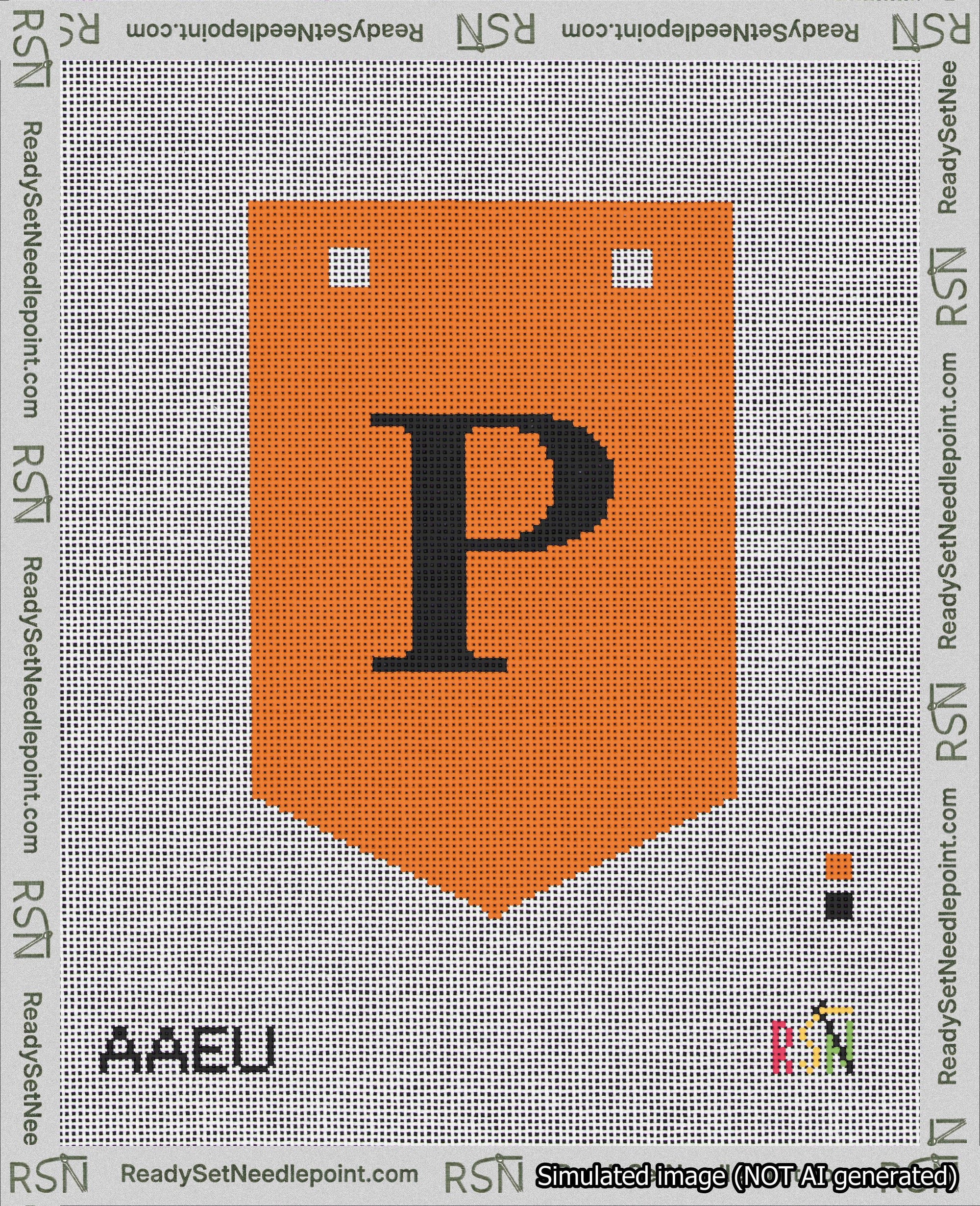 A taped needlepoint canvas with the design: Banner 18 mesh count Pointed P Black on Orange.