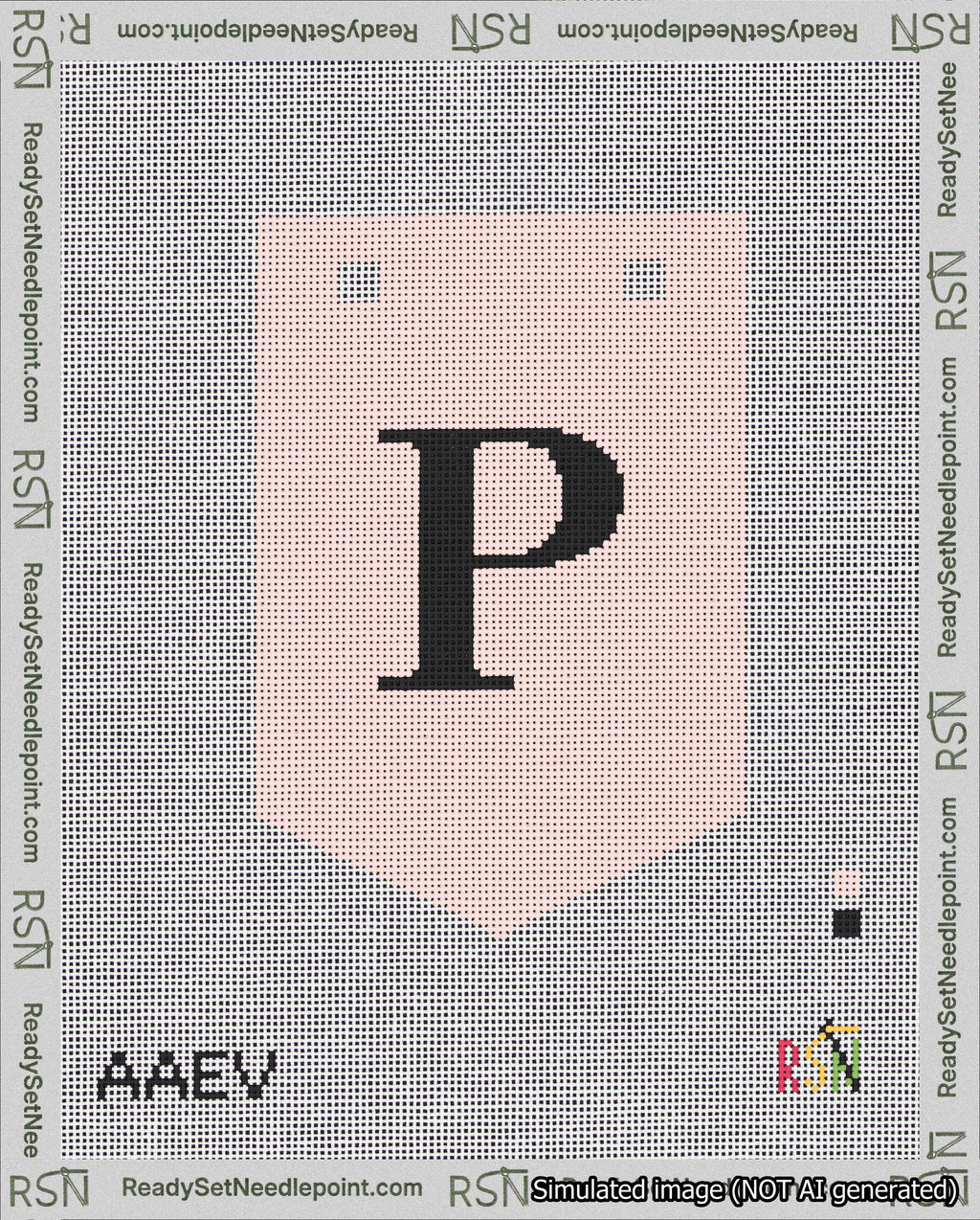 A taped needlepoint canvas with the design: Banner 18 mesh count Pointed P Black on Pink.