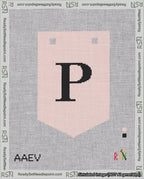 A taped needlepoint canvas with the design: Banner 18 mesh count Pointed P Black on Pink.