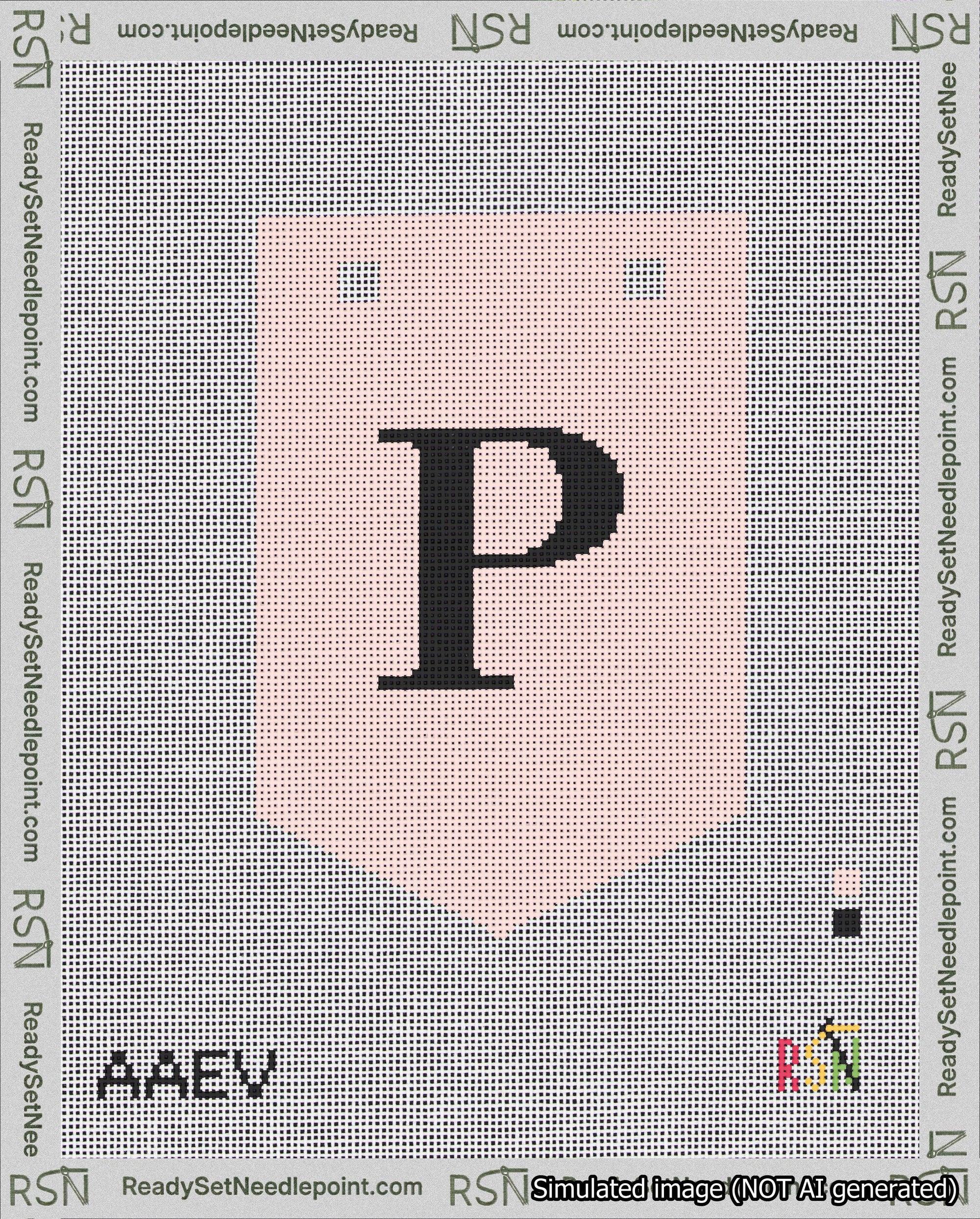 A taped needlepoint canvas with the design: Banner 18 mesh count Pointed P Black on Pink.