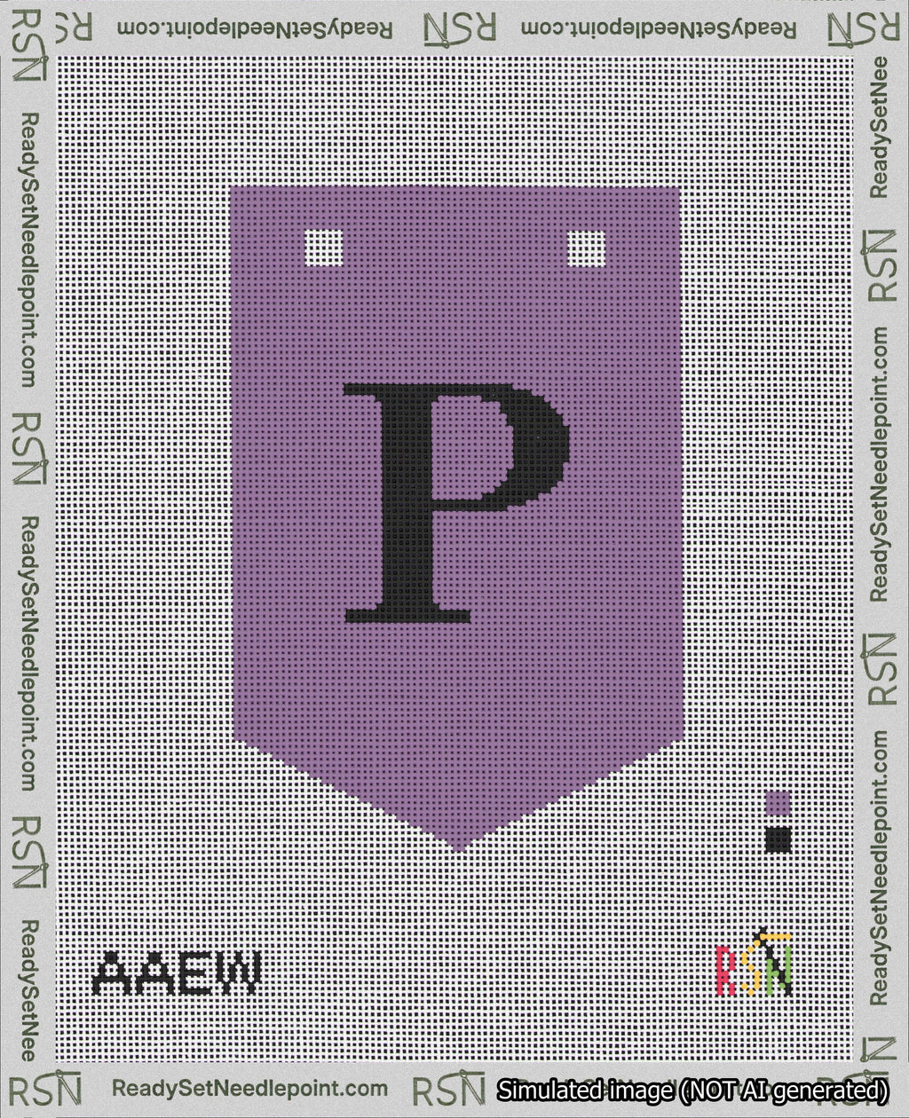 A taped needlepoint canvas with the design: Banner 18 mesh count Pointed P Black on Purple.