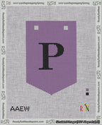 A taped needlepoint canvas with the design: Banner 18 mesh count Pointed P Black on Purple.