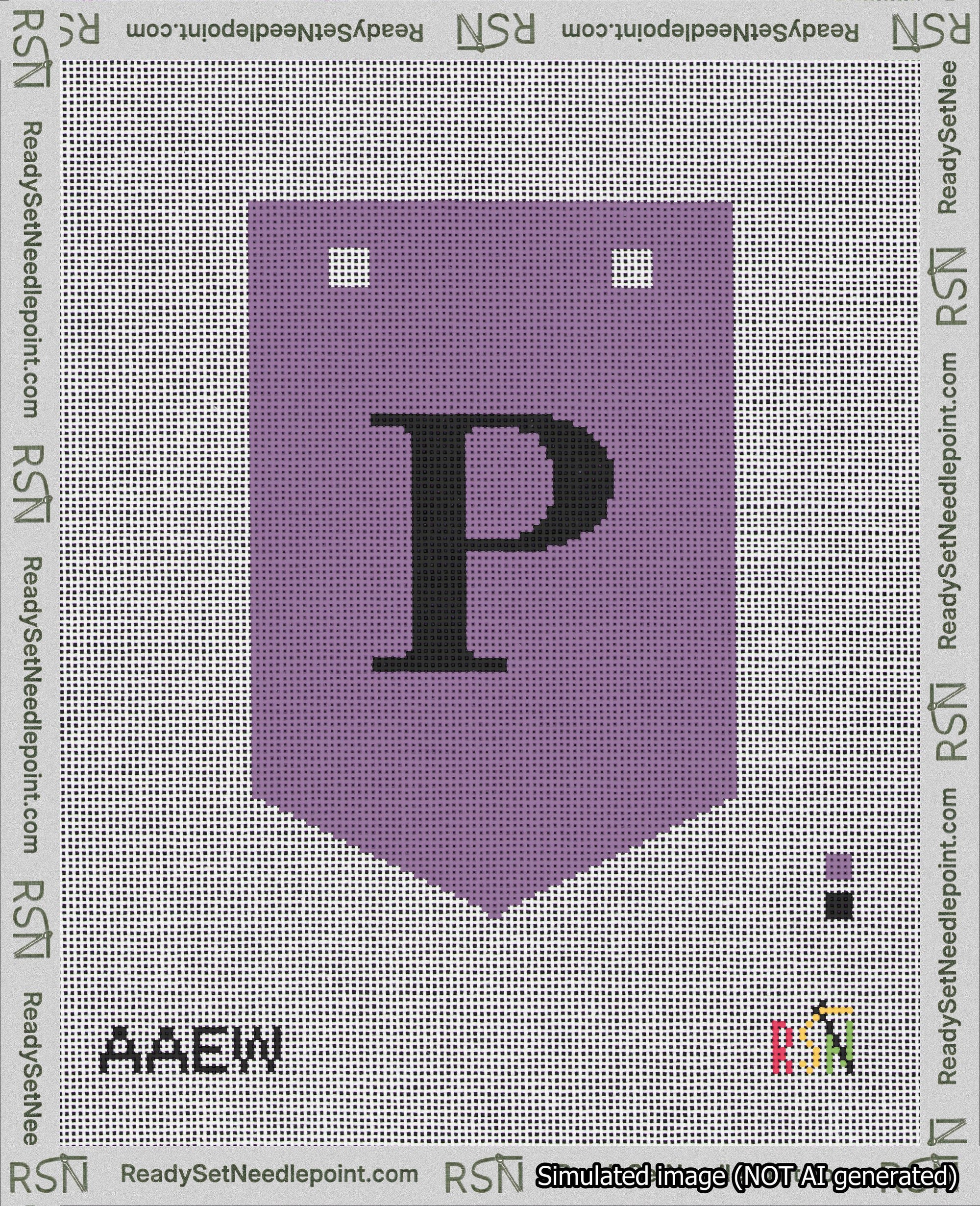 A taped needlepoint canvas with the design: Banner 18 mesh count Pointed P Black on Purple.