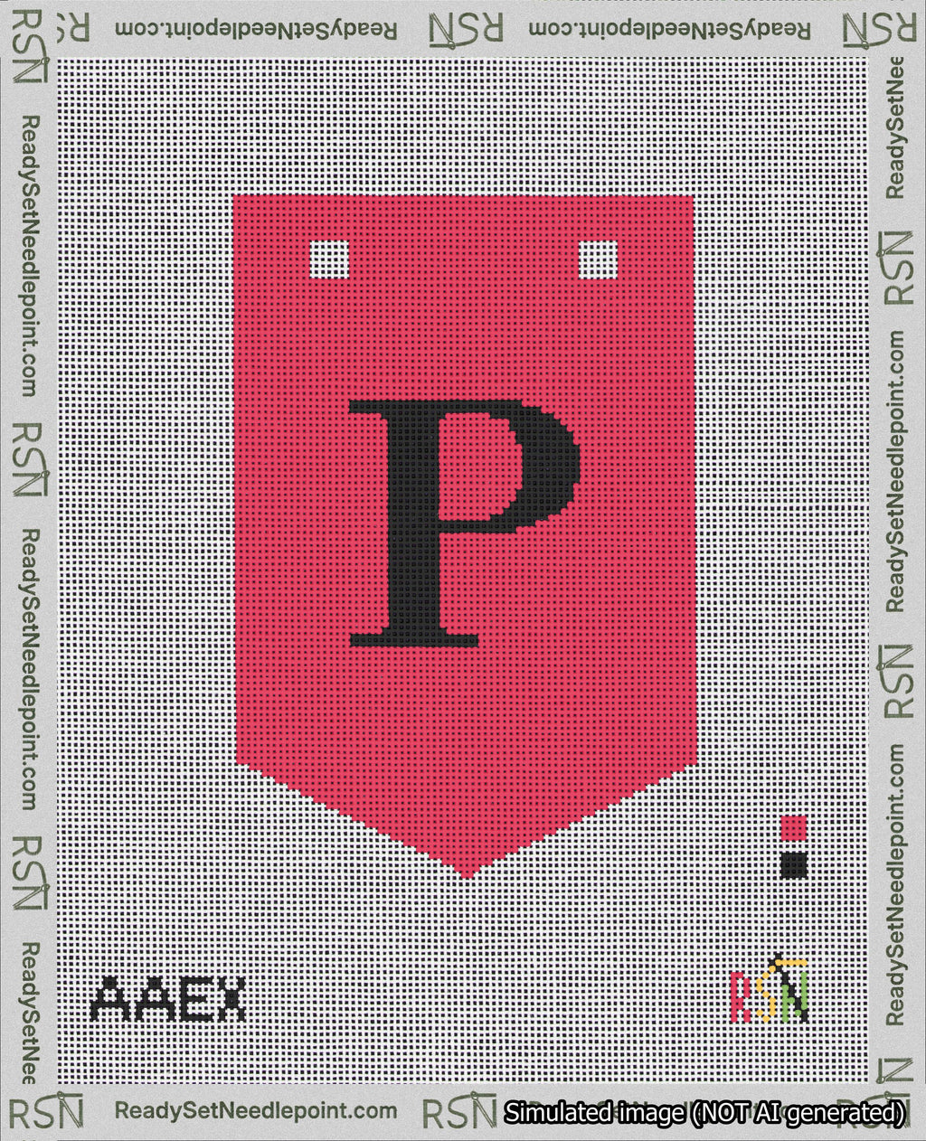 A taped needlepoint canvas with the design: Banner 18 mesh count Pointed P Black on Red.