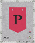A taped needlepoint canvas with the design: Banner 18 mesh count Pointed P Black on Red.