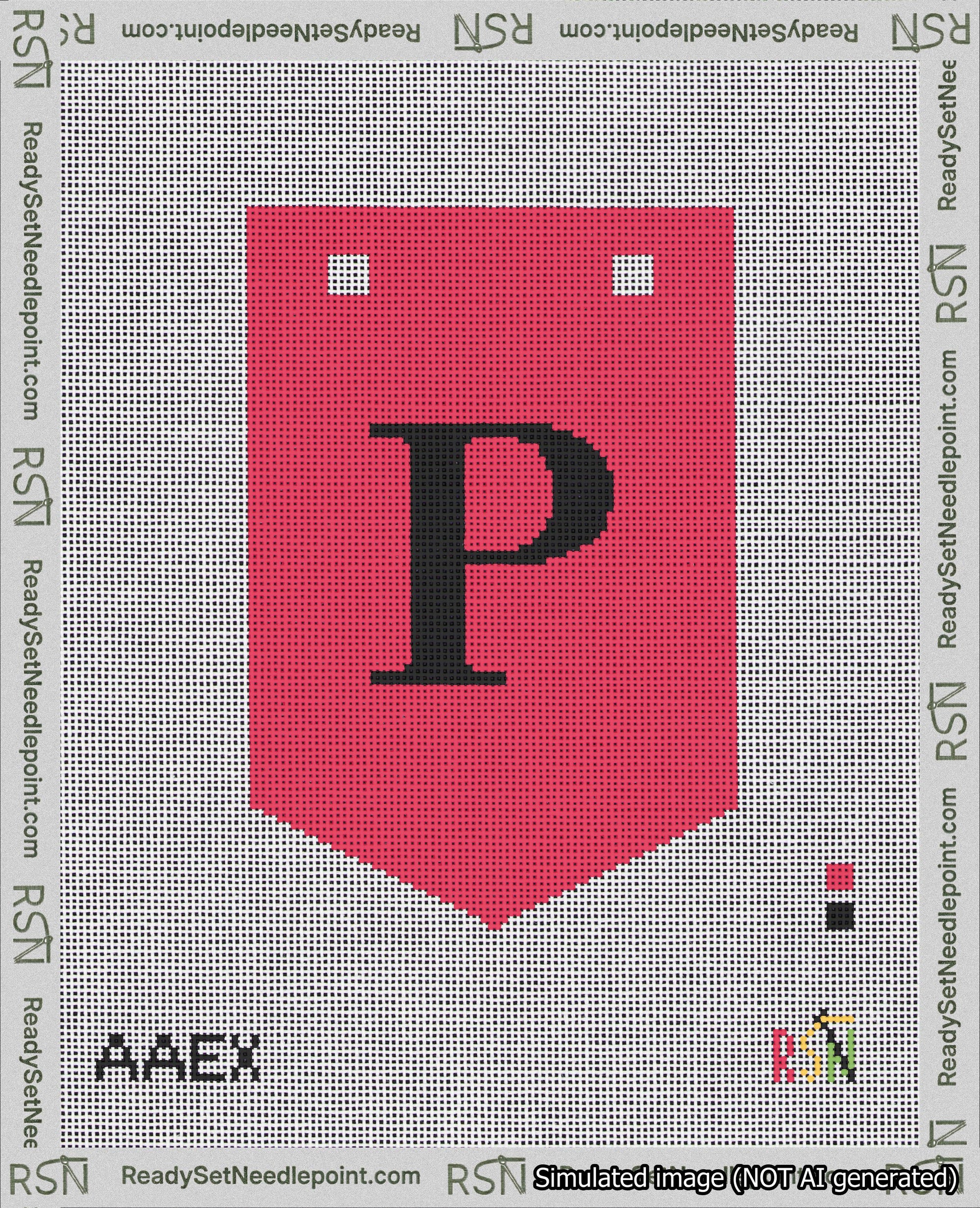 A taped needlepoint canvas with the design: Banner 18 mesh count Pointed P Black on Red.