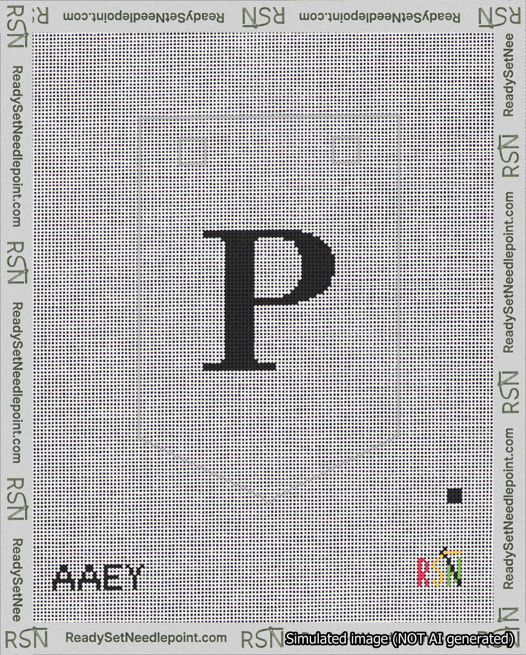 A taped needlepoint canvas with the design: Banner 18 mesh count Pointed P Black on White.