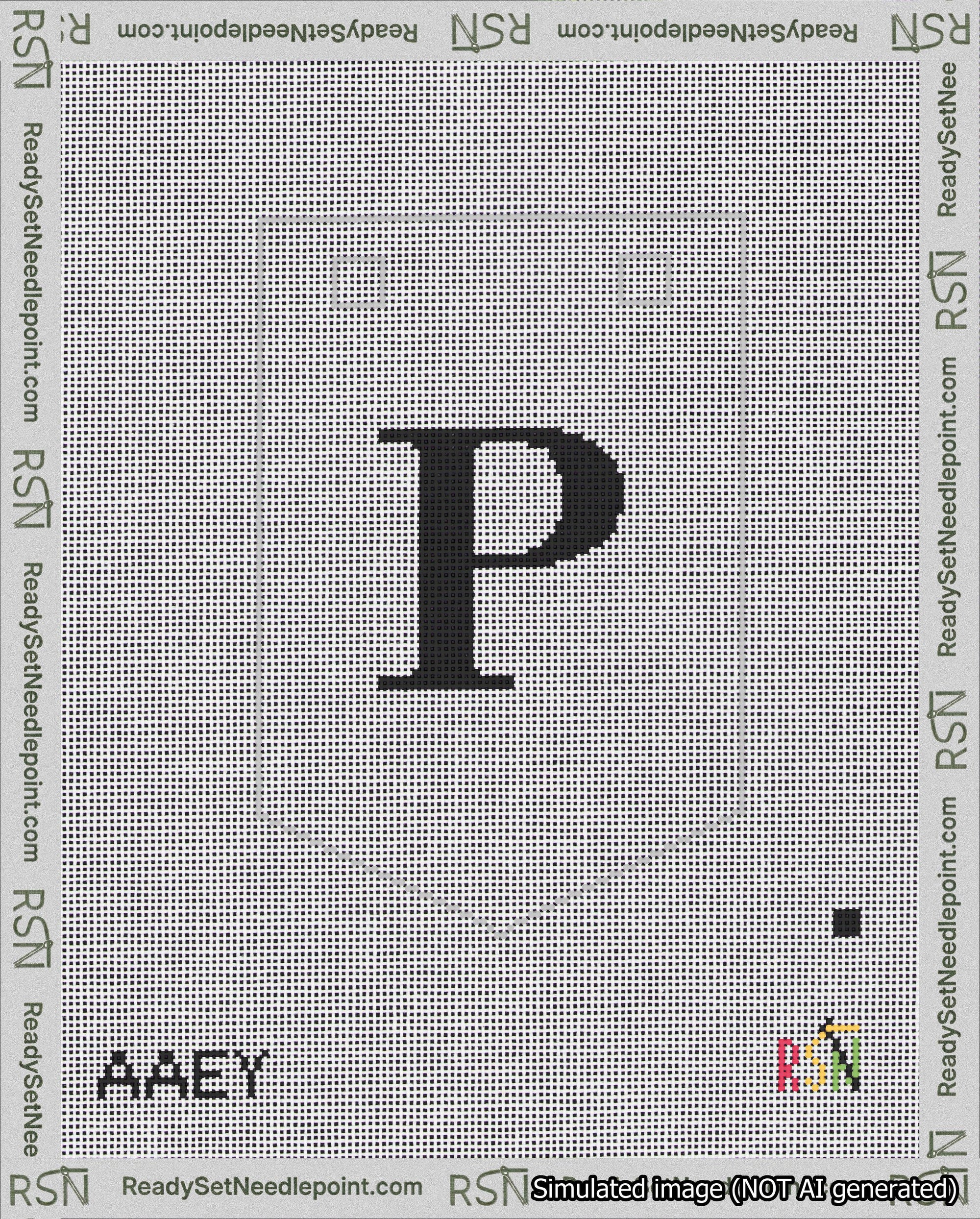 A taped needlepoint canvas with the design: Banner 18 mesh count Pointed P Black on White.
