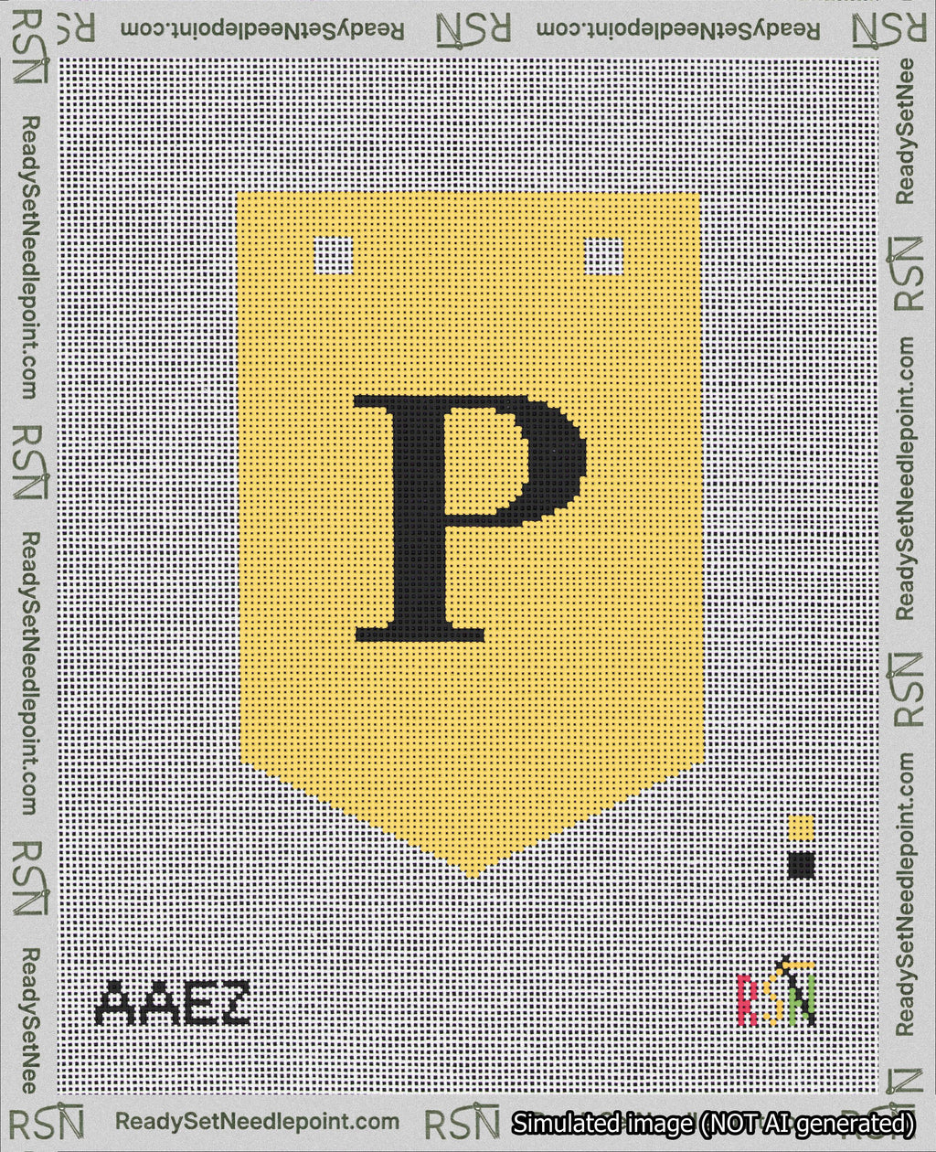 A taped needlepoint canvas with the design: Banner 18 mesh count Pointed P Black on Yellow.