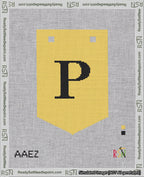 A taped needlepoint canvas with the design: Banner 18 mesh count Pointed P Black on Yellow.