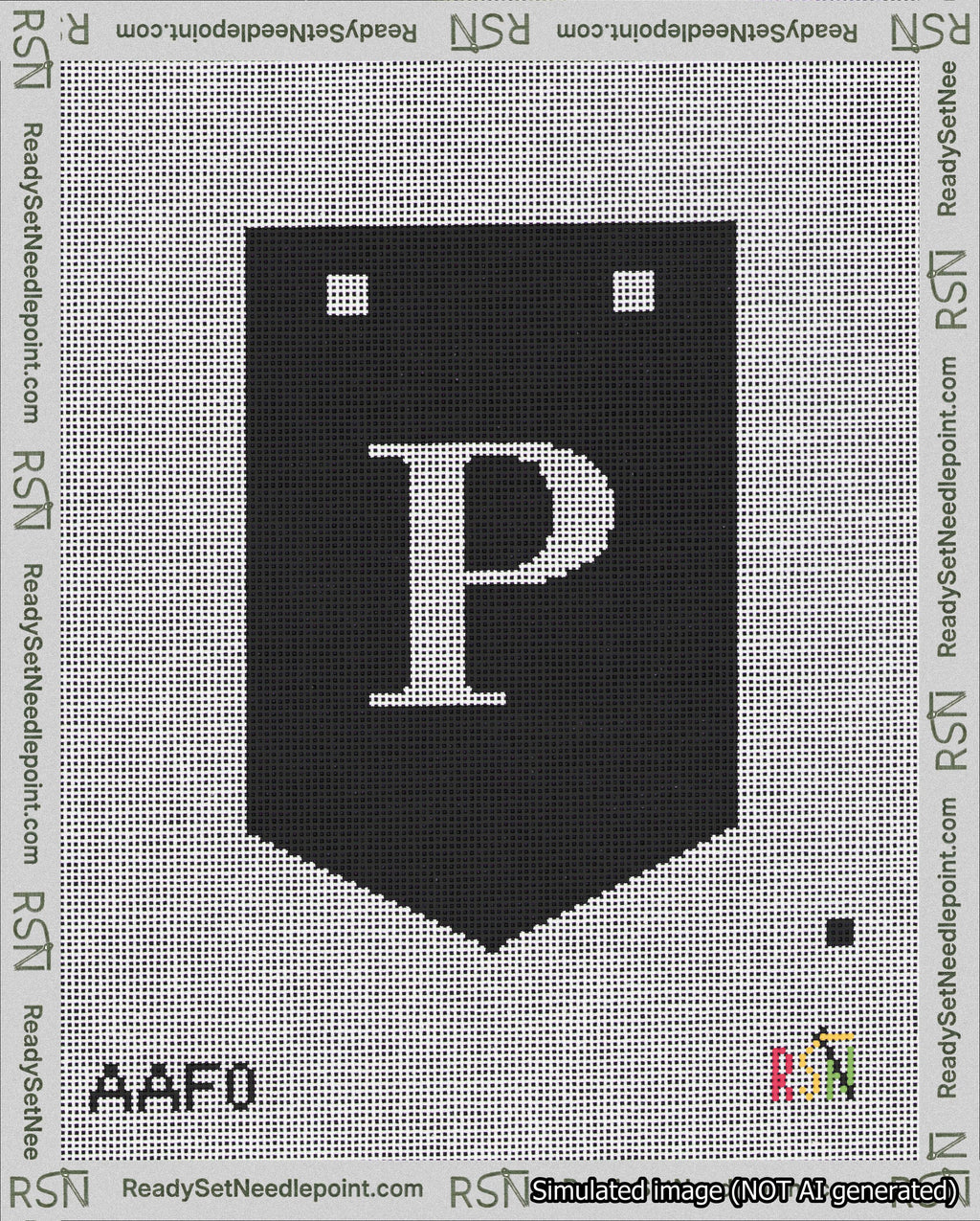 A taped needlepoint canvas with the design: Banner 18 mesh count Pointed P White on Black.