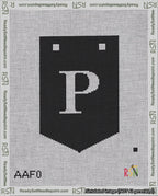 A taped needlepoint canvas with the design: Banner 18 mesh count Pointed P White on Black.
