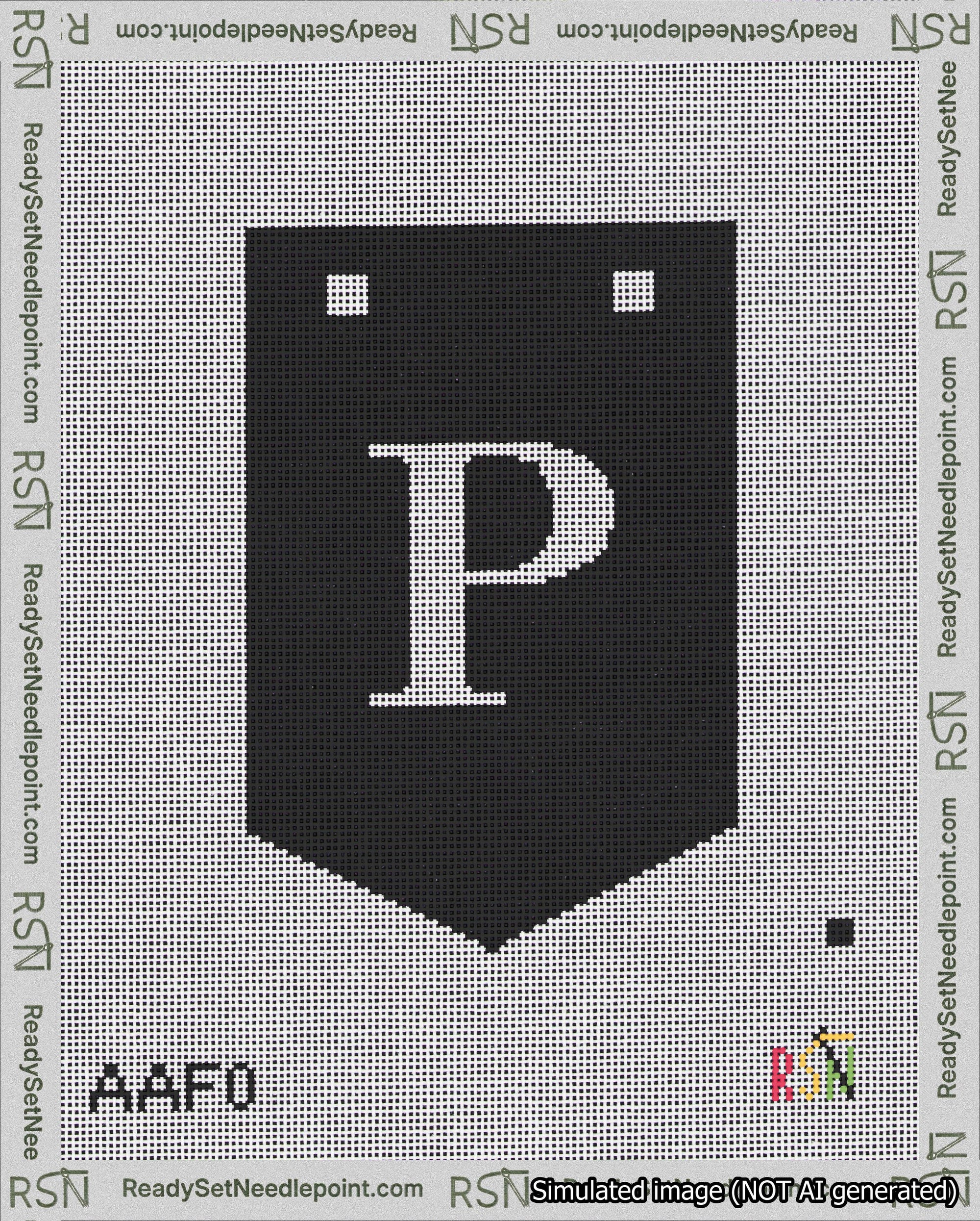 A taped needlepoint canvas with the design: Banner 18 mesh count Pointed P White on Black.