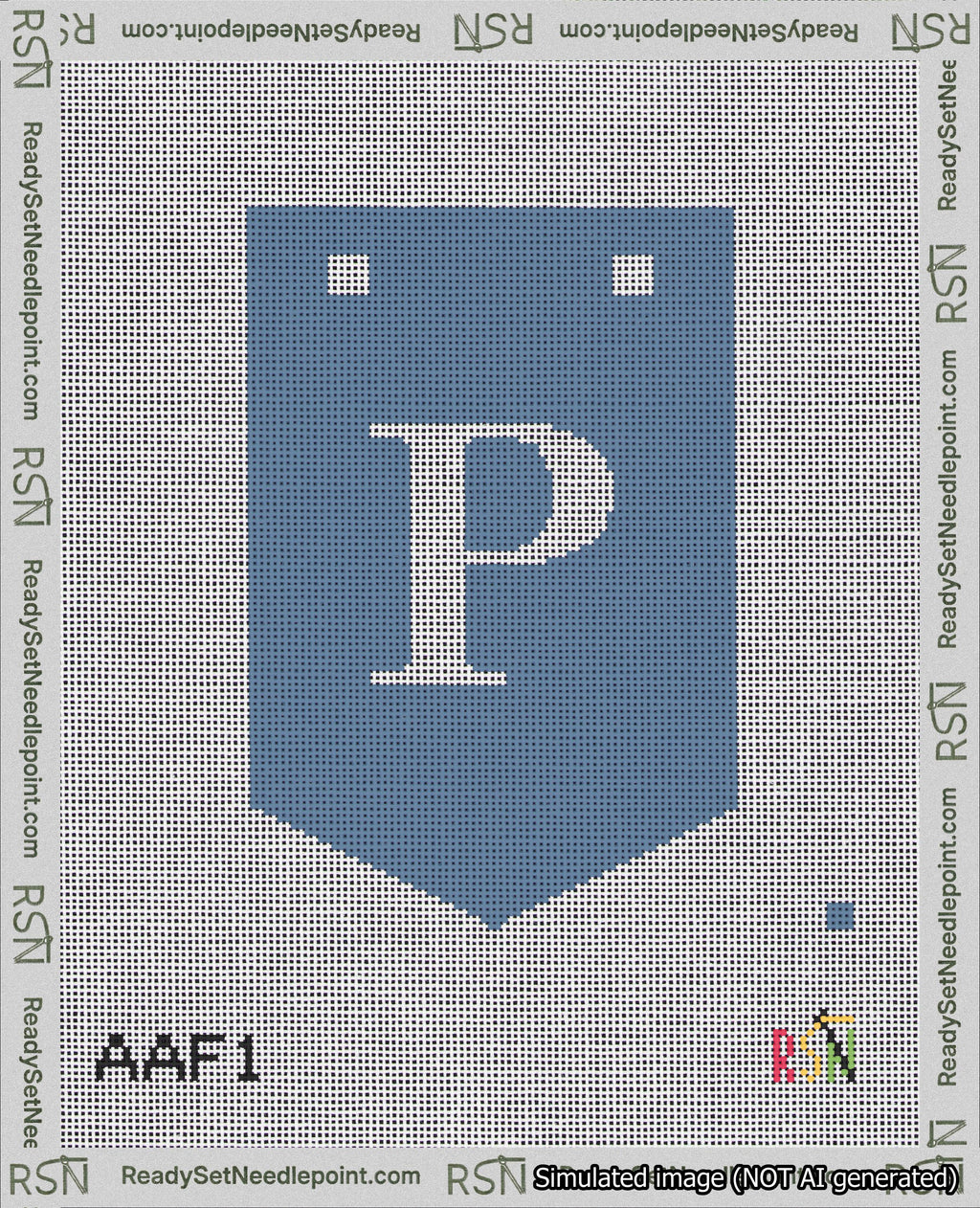 A taped needlepoint canvas with the design: Banner 18 mesh count Pointed P White on Blue.