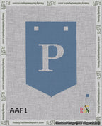 A taped needlepoint canvas with the design: Banner 18 mesh count Pointed P White on Blue.