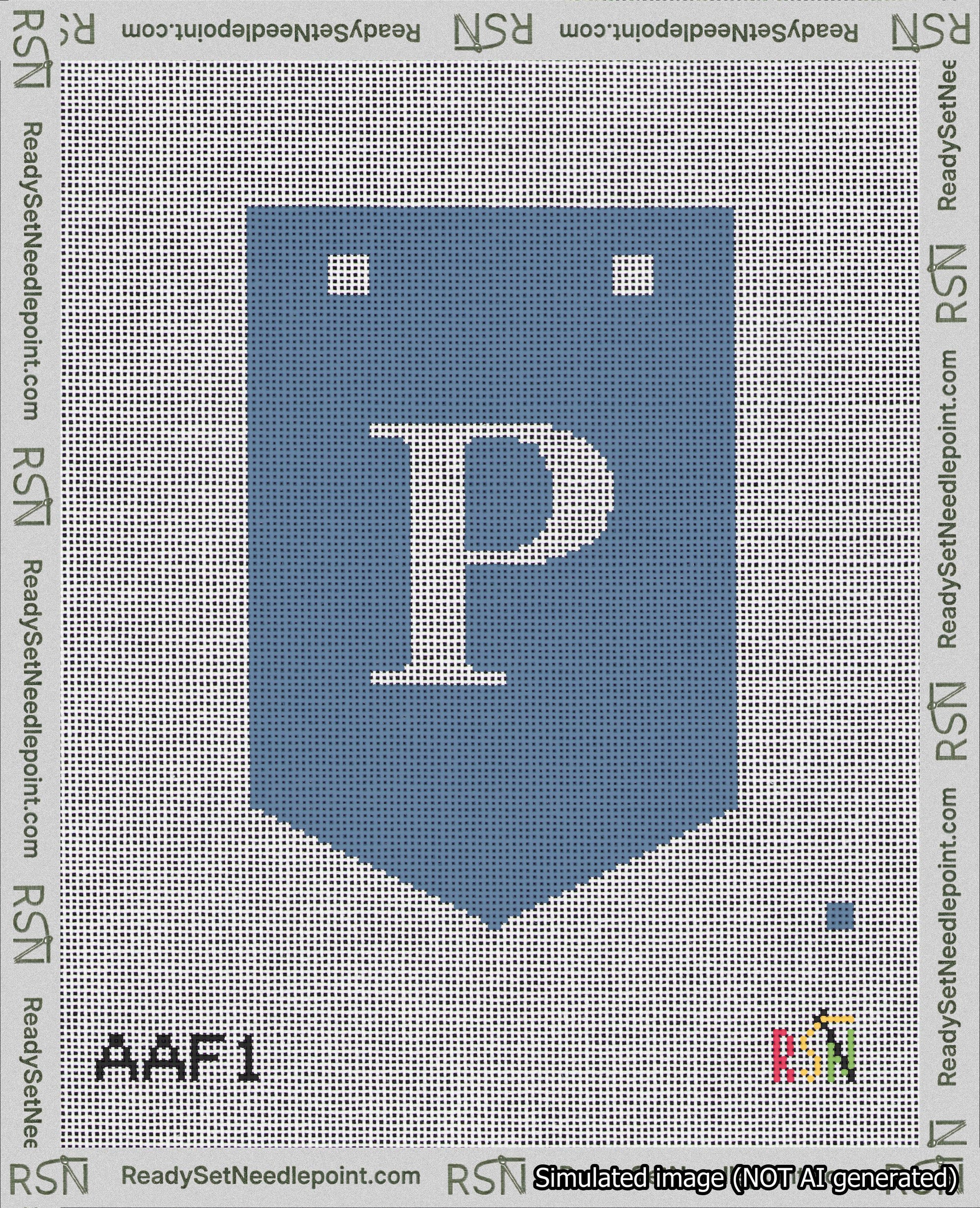 A taped needlepoint canvas with the design: Banner 18 mesh count Pointed P White on Blue.