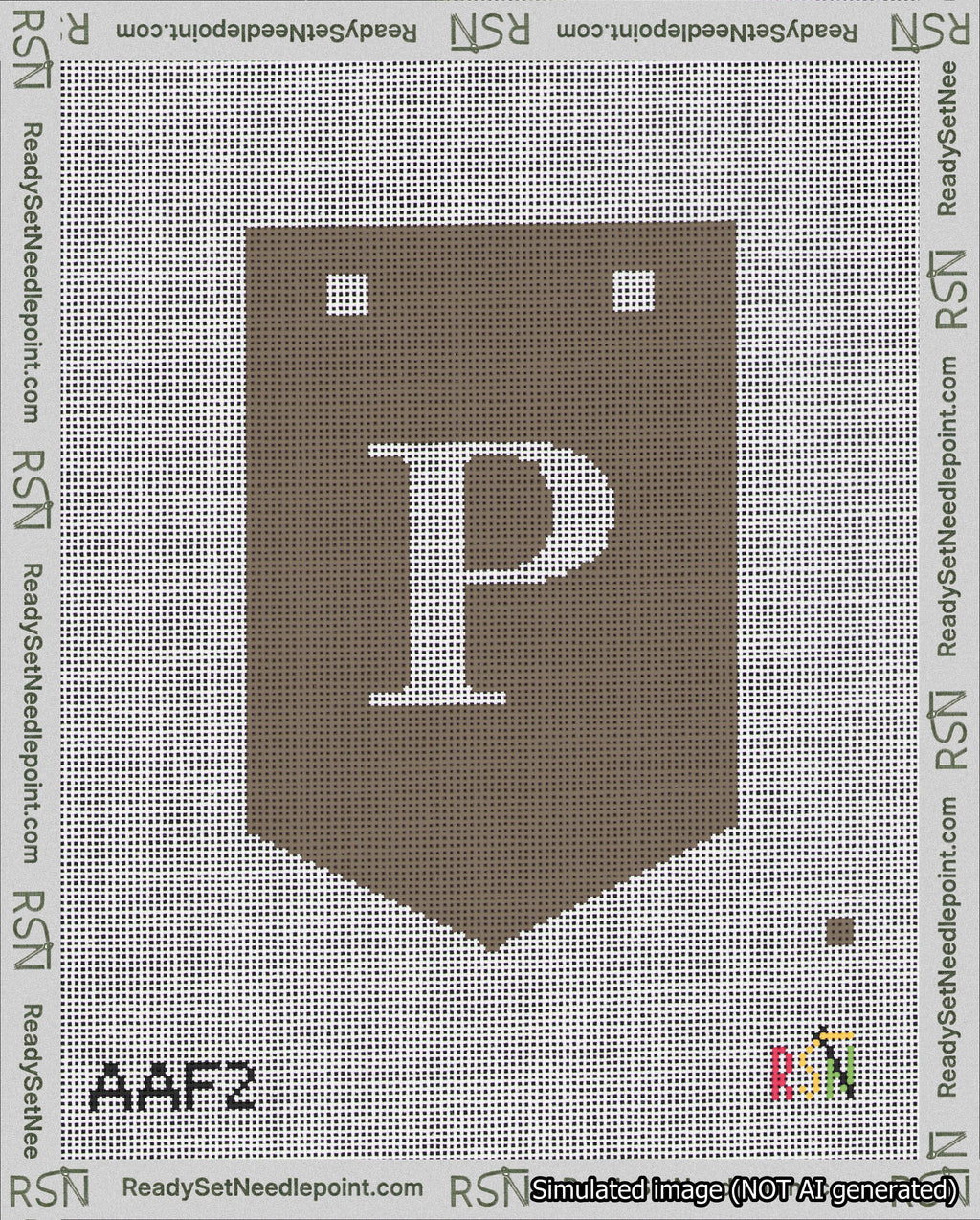 A taped needlepoint canvas with the design: Banner 18 mesh count Pointed P White on Brown.