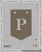 A taped needlepoint canvas with the design: Banner 18 mesh count Pointed P White on Brown.