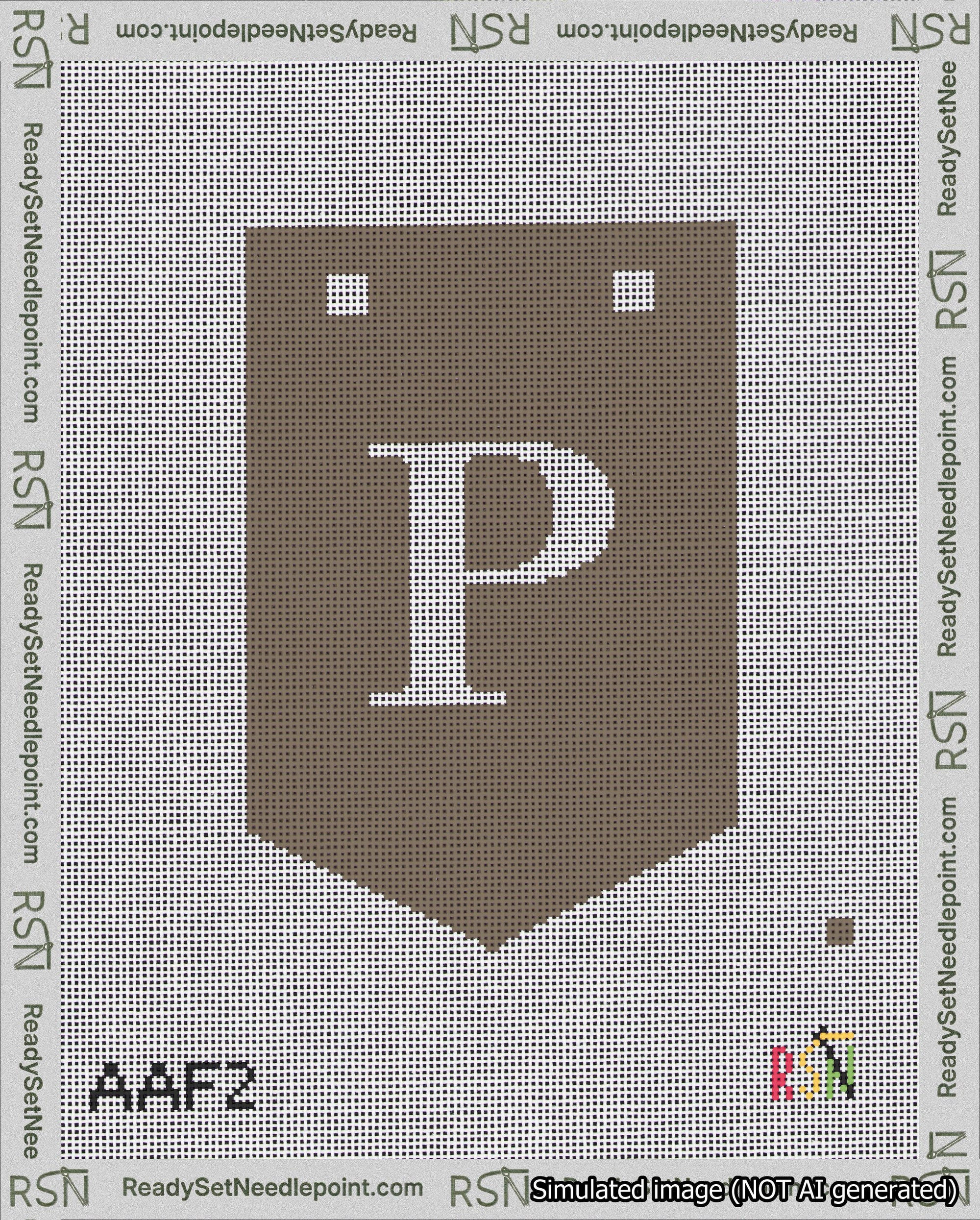 A taped needlepoint canvas with the design: Banner 18 mesh count Pointed P White on Brown.
