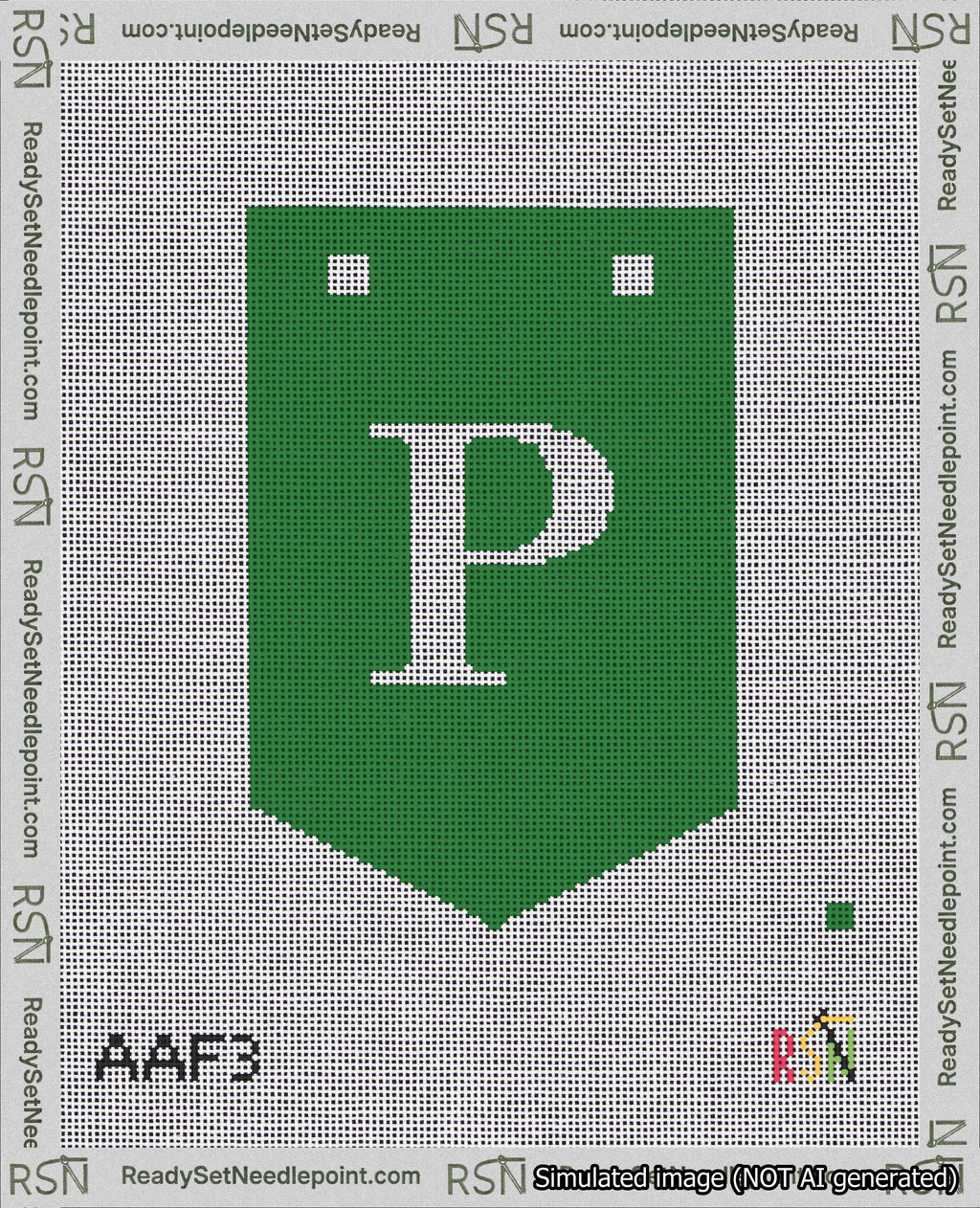 A taped needlepoint canvas with the design: Banner 18 mesh count Pointed P White on Green.
