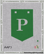 A taped needlepoint canvas with the design: Banner 18 mesh count Pointed P White on Green.