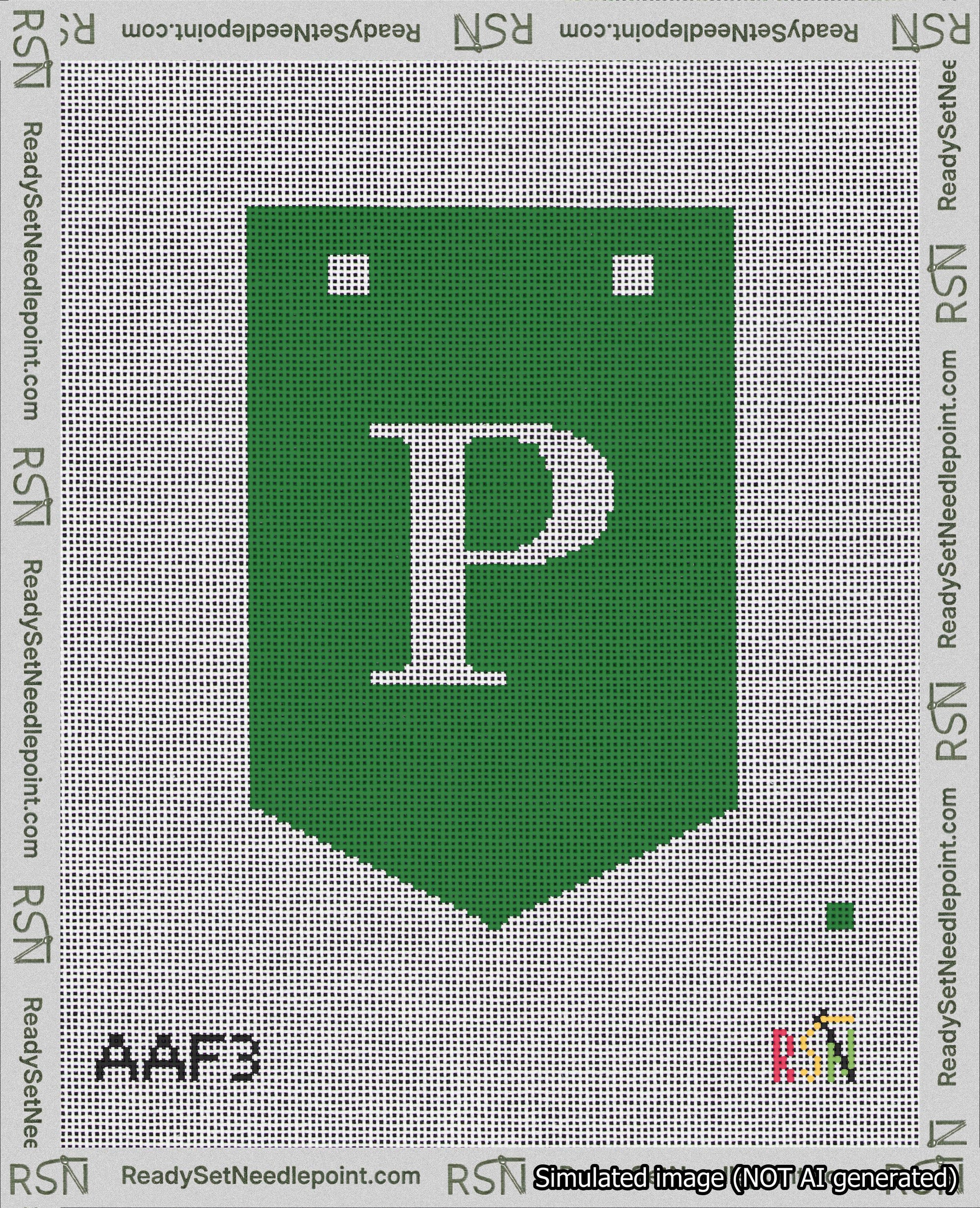 A taped needlepoint canvas with the design: Banner 18 mesh count Pointed P White on Green.