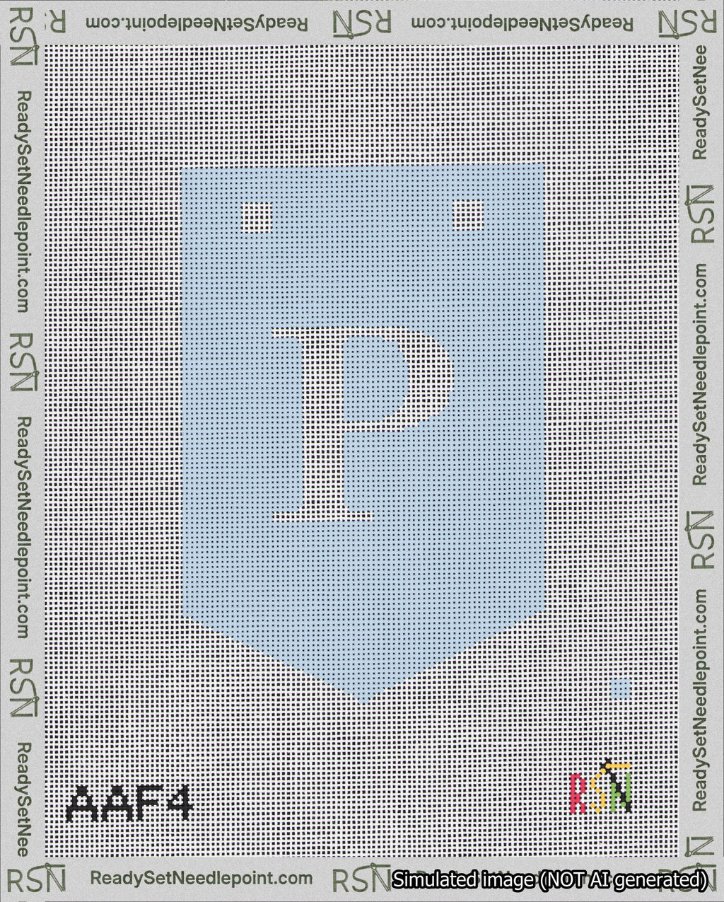 A taped needlepoint canvas with the design: Banner 18 mesh count Pointed P White on Light Blue.