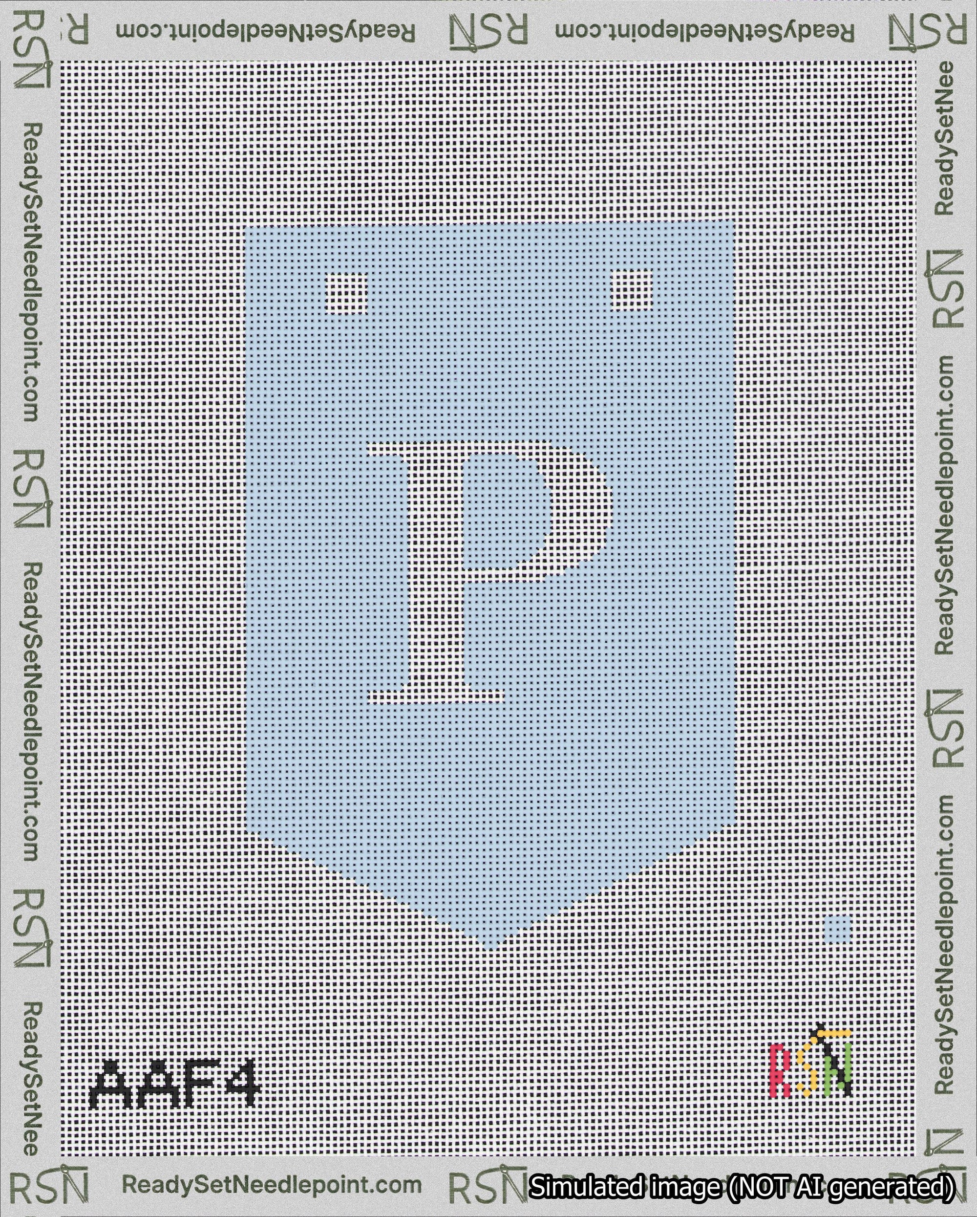 A taped needlepoint canvas with the design: Banner 18 mesh count Pointed P White on Light Blue.
