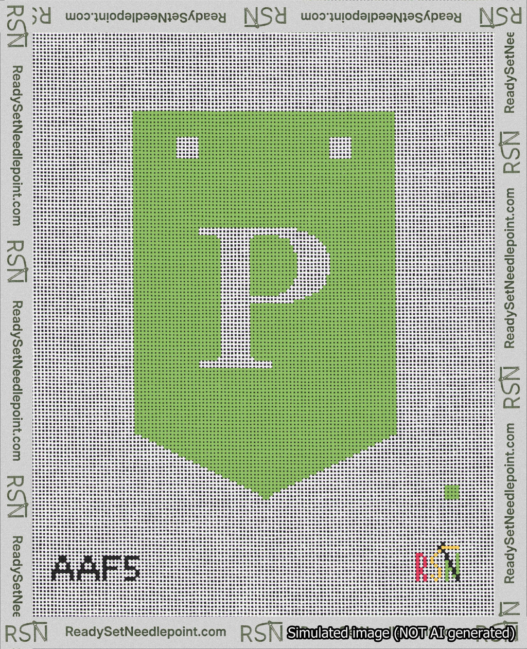 A taped needlepoint canvas with the design: Banner 18 mesh count Pointed P White on Light Green.