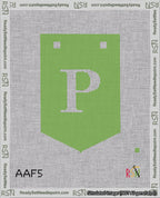 A taped needlepoint canvas with the design: Banner 18 mesh count Pointed P White on Light Green.
