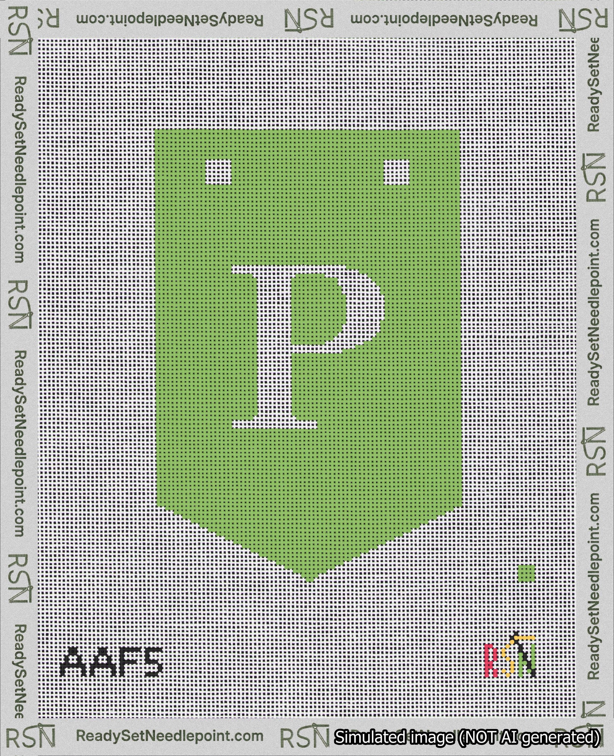 A taped needlepoint canvas with the design: Banner 18 mesh count Pointed P White on Light Green.