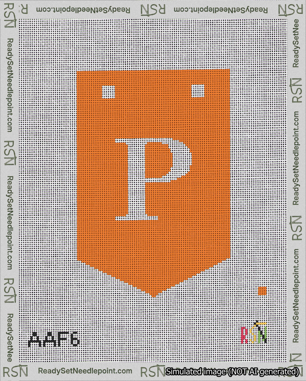 A taped needlepoint canvas with the design: Banner 18 mesh count Pointed P White on Orange.