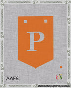 A taped needlepoint canvas with the design: Banner 18 mesh count Pointed P White on Orange.
